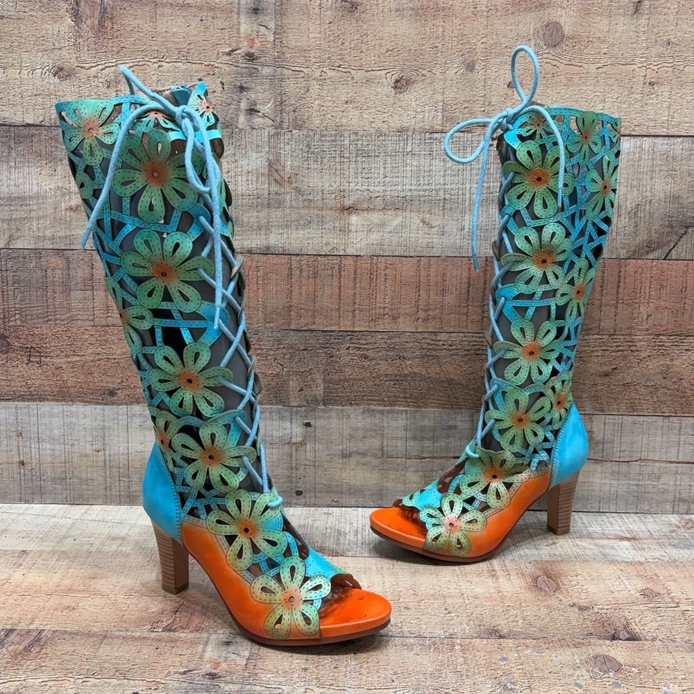 Spring Step L'Artiste Boots Womens Size 7.5 38 Multicolor Floral Knee High Heels